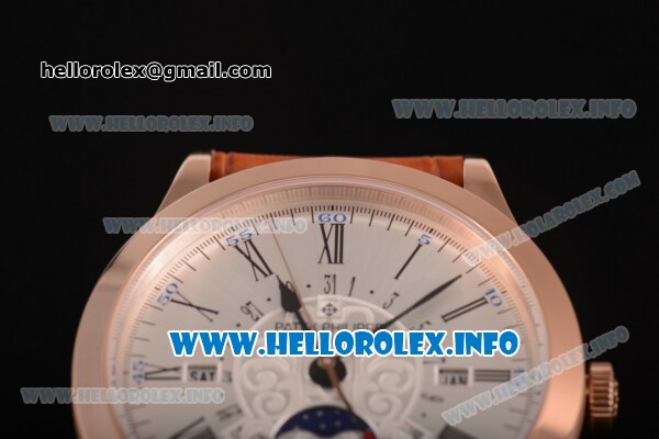 Patek Philippe Grand Complications Perpetual Calendar Miyota Quartz Rose Gold Case with Silver Dial and Black Roman Numeral Markers - Click Image to Close