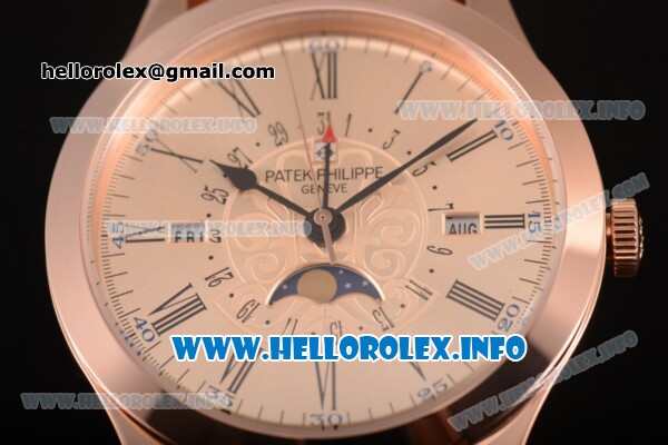 Patek Philippe Grand Complications Perpetual Calendar Miyota Quartz Rose Gold Case with Rose Gold Dial and Black Roman Numeral Markers - Click Image to Close
