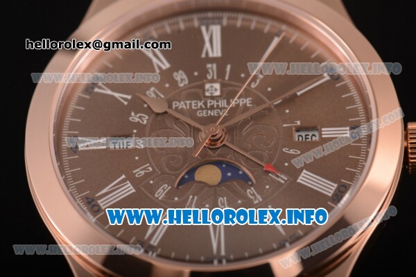 Patek Philippe Grand Complications Perpetual Calendar Miyota Quartz Rose Gold Case with Brown Dial and White Roman Numeral Markers - Click Image to Close