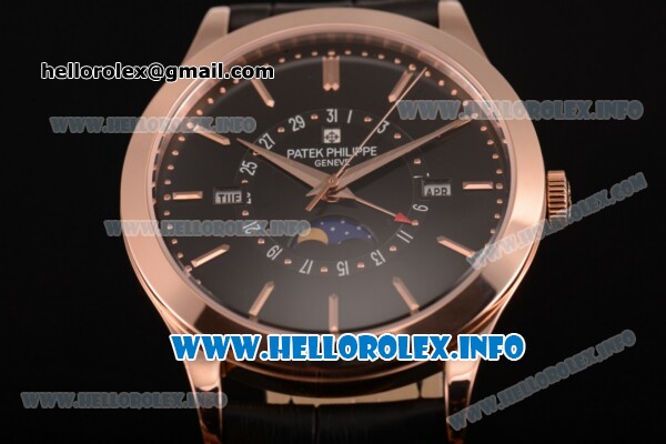 Patek Philippe Grand Complications Perpetual Calendar Miyota Quartz Rose Gold Case with Black Dial and Rose Gold Stick Markers - Click Image to Close