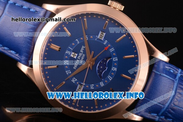 Patek Philippe Grand Complications Perpetual Calendar Miyota Quartz Rose Gold Case with Blue Dial and Rose Gold Stick Markers - Click Image to Close