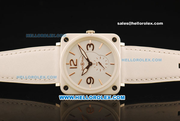 Bell & Ross BR-S Swiss ETA Quartz Ceramic Case with White Dial and White Leather Strap-Rose Gold Markers - Click Image to Close