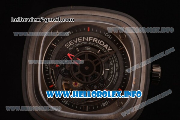 SevenFriday P3-01 Japanese Miyota 8215 Automatic PVD Case with Skeleton Dial and Black Leather Strap - Click Image to Close