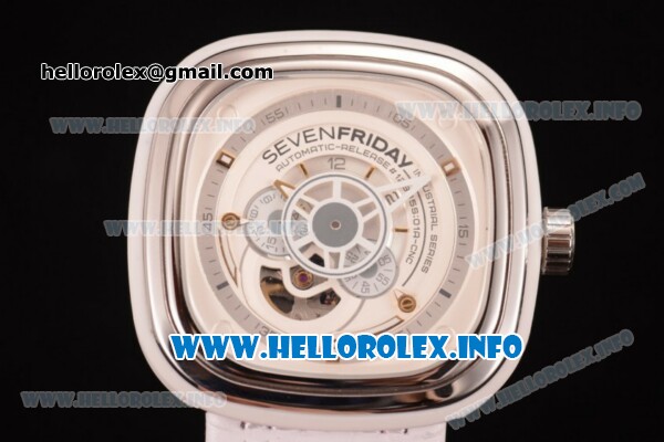 SevenFriday P1-2 Japanese Miyota 8215 Automatic Steel Case with White Dial and White Leather Strap - Click Image to Close