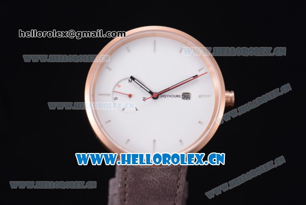 Greyhours Essential Miyota Quartz Rose Gold Case with White Dial Stick Markers and Grey Leather Strap - Click Image to Close