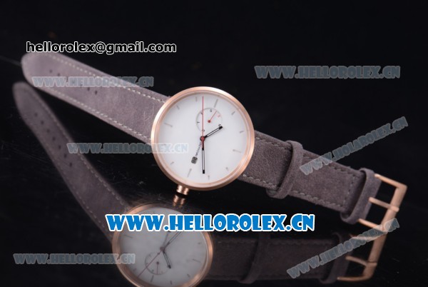 Greyhours Essential Miyota Quartz Rose Gold Case with White Dial Stick Markers and Grey Leather Strap - Click Image to Close