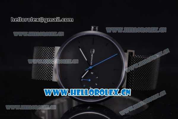 Greyhours Essential - Dark Hours Miyota Quartz PVD Case/Bracelet with Black Dial Blue Second Hand and Stick Markers - Click Image to Close
