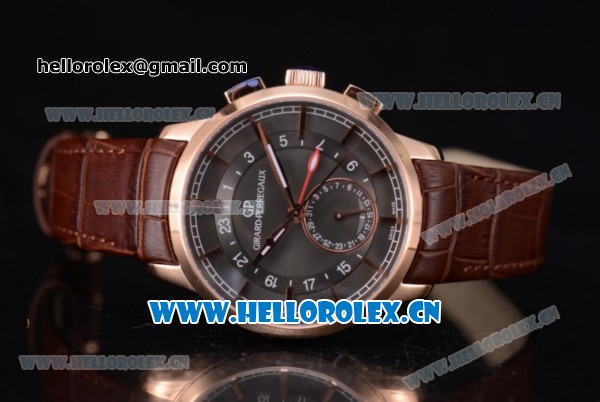 Girard Perregaux 1966 Dual Time Clone Girard Perregaux GP03300-0119 Automatic Rose Gold Case with Grey Dial Stick/Arabic Numeral Markers and Brown Leather Strap - Click Image to Close