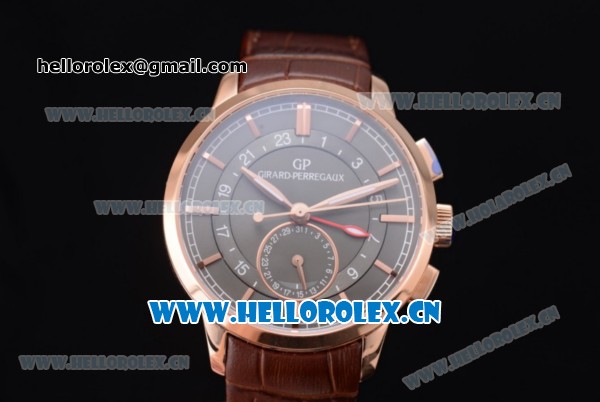 Girard Perregaux 1966 Dual Time Clone Girard Perregaux GP03300-0119 Automatic Rose Gold Case with Grey Dial Stick/Arabic Numeral Markers and Brown Leather Strap - Click Image to Close