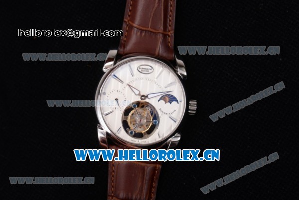 Parmigiani Tonda Tourbillon Flying Tourbillon Manual Winding Steel Case with White Dial Brown Leather Strap and Stick Markers - Click Image to Close