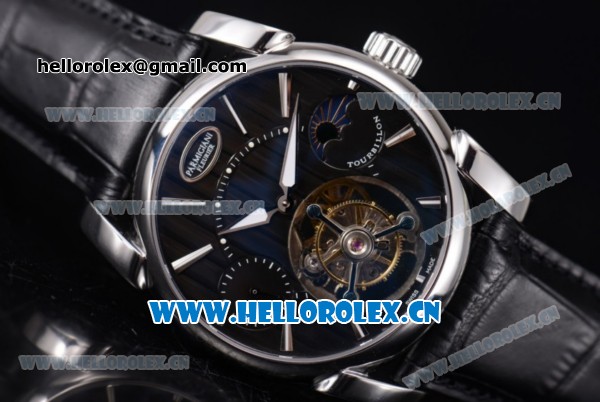 Parmigiani Tonda Tourbillon Flying Tourbillon Manual Winding Steel Case with Black Dial Black Leather Strap and Stick Markers - Click Image to Close