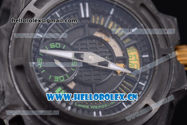 Linde Werdelin Spidolite II Tech Gold Swiss Valjoux 7750 Automatic Forge Carbon Case with Skeleton Dial Black Leather Strap and Stick Markers - Click Image to Close
