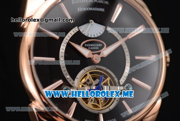 Parmigiani Tonda Tourbillon Asia ST25 Automatic Rose Gold Case with Black Dial and Brown Leather Strap Stick Markers - Click Image to Close