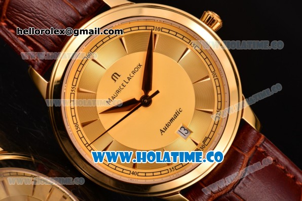 Maurice Lacroix Les Classiques Date Automatique Swiss ETA 2824 Automatic Yellow Gold Case with Stick Markers and Gold Dial - Click Image to Close