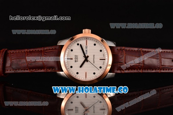 Mido Commander Miyota Quartz Steel Case with Rose Gold Bezel and White Dial - Click Image to Close