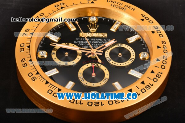 Rolex Daytona Swiss Quartz Yellow Gold Case with Crystal Markers Black Dial - Wall Clock - Click Image to Close