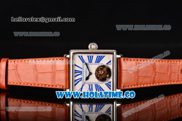 Minorva Swiss Tourbillon Manual Winding Steel Case with White Dial Orange Leather Strap and Blue Roman Numeral Markers - Click Image to Close