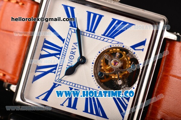 Minorva Swiss Tourbillon Manual Winding Steel Case with White Dial Orange Leather Strap and Blue Roman Numeral Markers - Click Image to Close