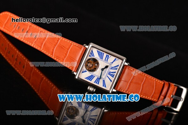 Minorva Swiss Tourbillon Manual Winding Steel Case with White Dial Orange Leather Strap and Blue Roman Numeral Markers - Click Image to Close