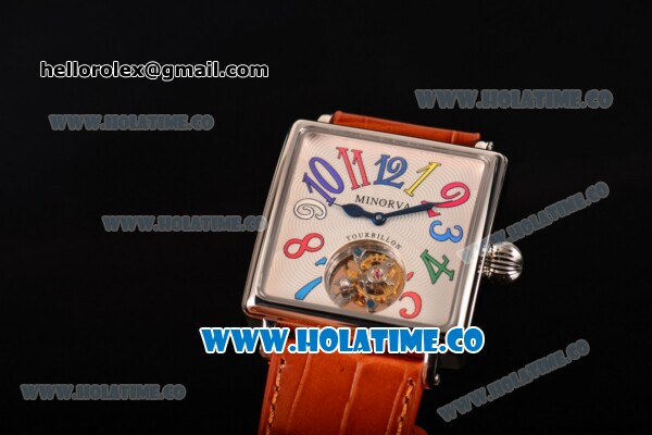 Minorva Swiss Tourbillon Manual Winding Steel Case with White Dial Orange Leather Strap and Colorful Arabic Numeral Markers - Click Image to Close