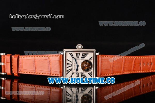 Minorva Swiss Tourbillon Manual Winding Steel Case with White Dial Orange Leather Strap and Black Roman Numeral Markers - Click Image to Close