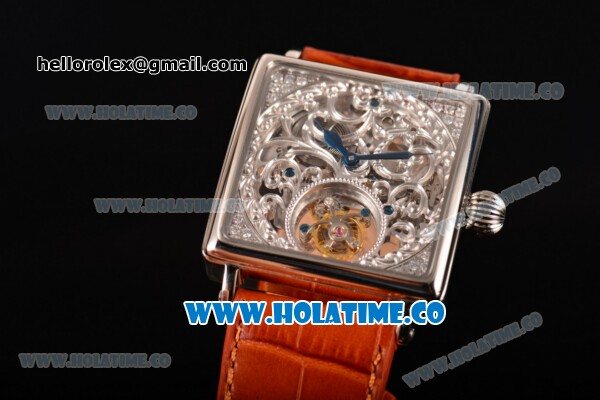 Minorva Swiss Tourbillon Manual Winding Steel Case with Orange Leather Strap and Skeleton Dial - Click Image to Close