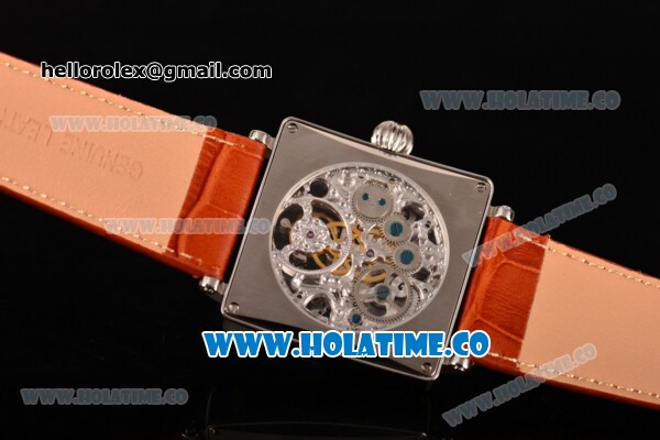 Minorva Swiss Tourbillon Manual Winding Steel Case with Orange Leather Strap and Skeleton Dial - Click Image to Close