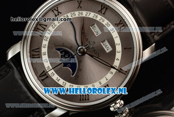 BlancPain Villeret Moonphase & Complete Calendar Miyota 9015 Automatic Steel Case with Grey Dial Roman Numeral Markers and Black Genuine Leather Strap (EF) - Click Image to Close