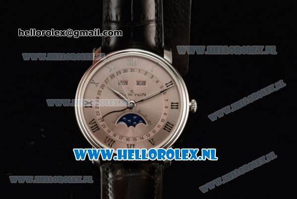 BlancPain Villeret Moonphase & Complete Calendar Miyota 9015 Automatic Steel Case with Silver Dial Roman Numeral Markers and Black Genuine Leather Strap (EF) - Click Image to Close