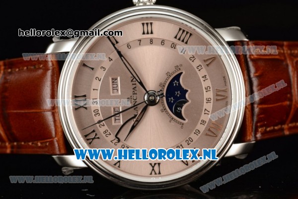 BlancPain Villeret Moonphase & Complete Calendar Miyota 9015 Automatic Steel Case with Silver Dial Roman Numeral Markers and Red Genuine Leather Strap (EF) - Click Image to Close