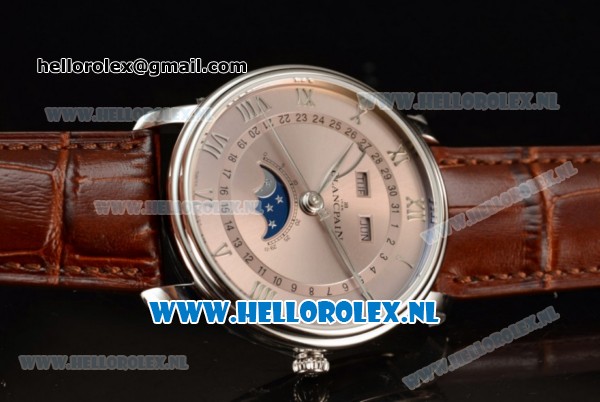 BlancPain Villeret Moonphase & Complete Calendar Miyota 9015 Automatic Steel Case with Silver Dial Roman Numeral Markers and Red Genuine Leather Strap (EF) - Click Image to Close