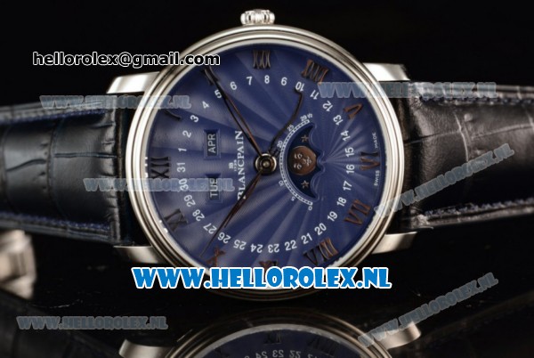 BlancPain Villeret Moonphase & Complete Calendar Miyota 9015 Automatic Steel Case with Blue Dial Roman Numeral Markers and Blue Genuine Leather Strap (EF) - Click Image to Close