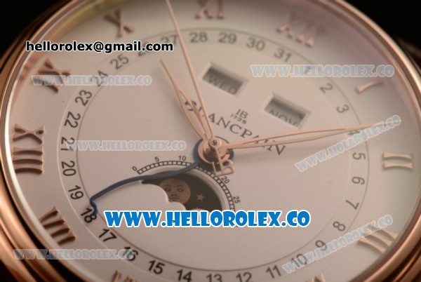 BlancPain Villeret Moonphase & Complete Calendar Miyota 9015 Automatic Rose Gold Case with White Dial Brown Leather Strap and Roman Numeral Markers (AAAF) - Click Image to Close