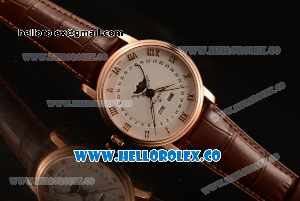 BlancPain Villeret Moonphase & Complete Calendar Miyota 9015 Automatic Rose Gold Case with White Dial Brown Leather Strap and Roman Numeral Markers (AAAF) - Click Image to Close