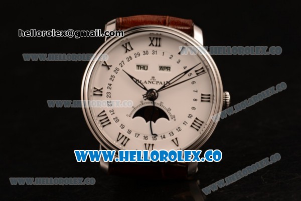 BlancPain Villeret Miyota 9015 Automatic Steel Case with White Dial and Brown Leather Strap - (AAAF) - Click Image to Close