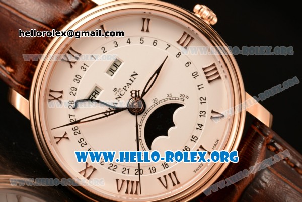 BlancPain Villeret Miyota 9015 Automatic Rose Gold Case with White Dial and Brown Leather Strap (ZF) - Click Image to Close