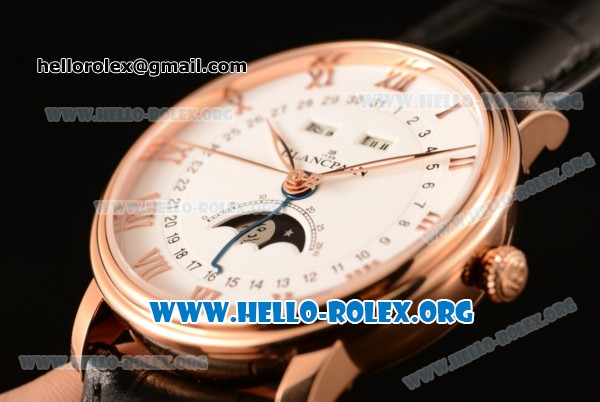 BlancPain Villeret Miyota 9015 Automatic Rose Gold Case with White Dial and Black Leather Strap (ZF) - Click Image to Close
