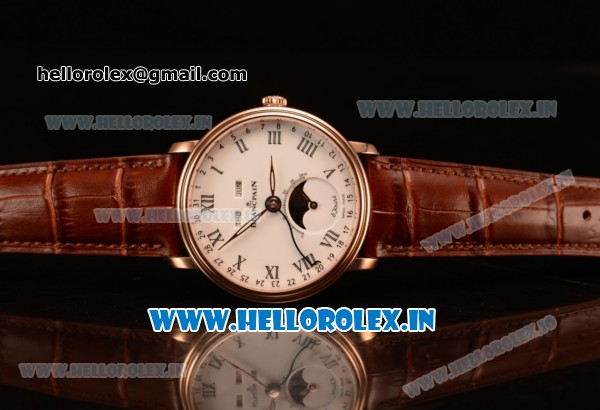 BlancPain Villeret Miyota 9015 Automatic Rose Gold Case with White Dial Roman and Brown Leather Strap (EF) - Click Image to Close