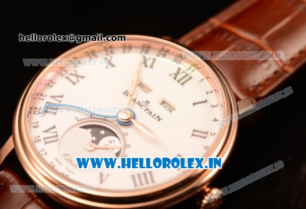 BlancPain Villeret Miyota 9015 Automatic Rose Gold Case with White Dial Roman and Brown Leather Strap (EF) - Click Image to Close