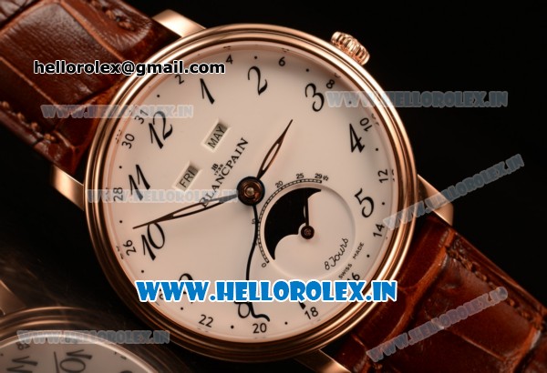 BlancPain Villeret Miyota 9015 Automatic Rose Gold Case with White Dial Arabic and Brown Leather Strap (EF) - Click Image to Close