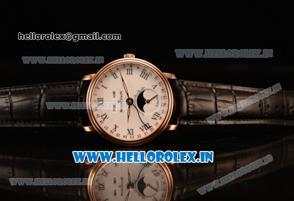 BlancPain Villeret Miyota 9015 Automatic Rose Gold Case with White Dial Roman and Black Leather Strap (EF) - Click Image to Close