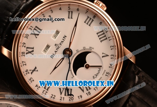 BlancPain Villeret Miyota 9015 Automatic Rose Gold Case with White Dial Roman and Black Leather Strap (EF) - Click Image to Close