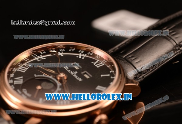 BlancPain Villeret Miyota 9015 Automatic Rose Gold Case with Black Dial Roman and Black Leather Strap (EF) - Click Image to Close