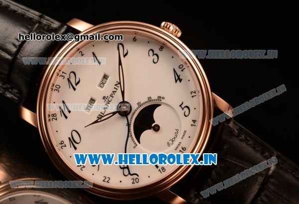 BlancPain Villeret Miyota 9015 Automatic Rose Gold Case with White Dial Arabic and Black Leather Strap (EF) - Click Image to Close