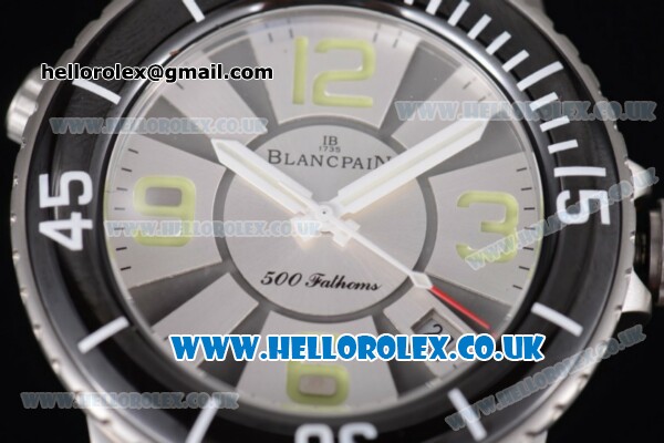 BlancPain Fifty Fathoms 500 Fathoms Japanese Miyota 8205 Automatic Steel Case with Silver Dial Stick Markers and Black Nylon Strap - Click Image to Close