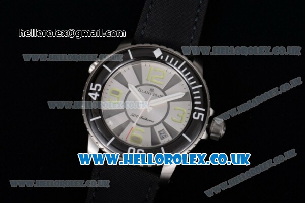 BlancPain Fifty Fathoms 500 Fathoms Japanese Miyota 8205 Automatic Steel Case with Silver Dial Stick Markers and Black Nylon Strap - Click Image to Close