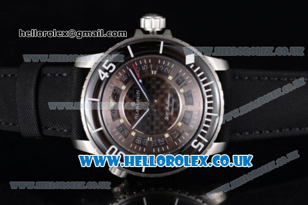 BlancPain Fifty Fathoms 500 Fathoms Japanese Miyota 8205 Automatic Steel Case with Brown Dial White Second Hand and Black Nylon Strap - Click Image to Close