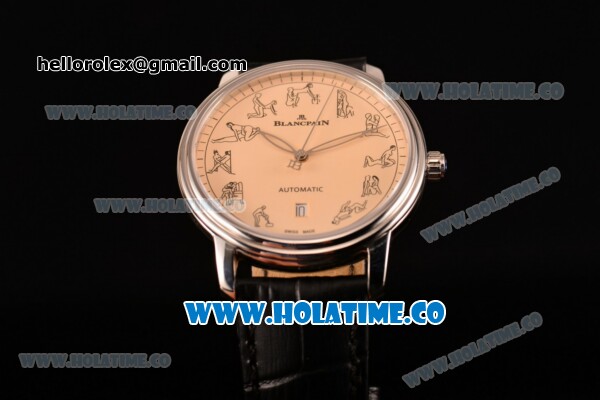Blancpain Le Brassus Swiss ETA 2824 Automatic Steel Case with Beige Dial and Black Leather Strap - Click Image to Close
