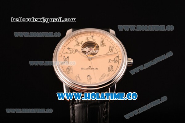 Blancpain Le Brassus Tourbillon Swiss ETA 2824 Automatic Steel Case with Beige Dial and Black Leather Strap - Click Image to Close