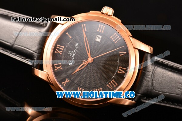 BlancPain Villeret Ultraplate Remontage Automatique Miyota 9015 Automatic Rose Gold Case with Black Dial and Roman Numeral Markers - Click Image to Close
